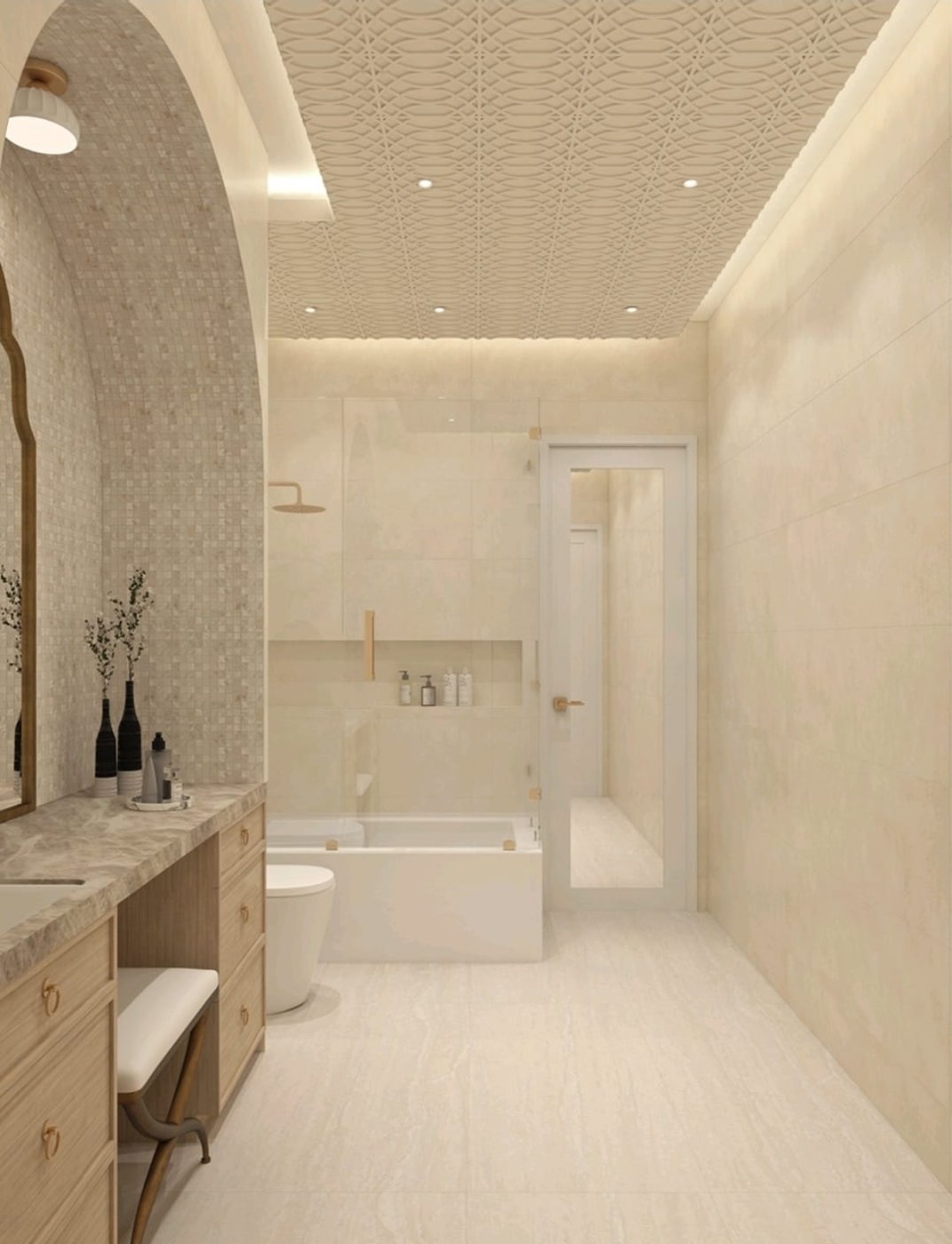Design rendering of a bathroom with recessed and cove lighting
